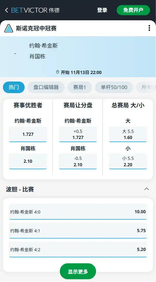 希金斯 vs 肖国栋 - 赔率盘口信息由伟德提供(betvictor)