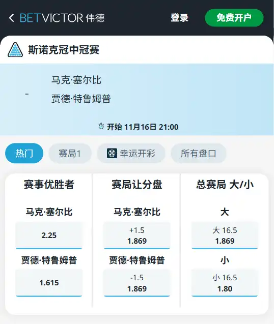 塞尔比 vs 特鲁姆普 | 2025斯诺克冠中冠决赛博彩赔率和盘口信息由伟德(betvictor)提供