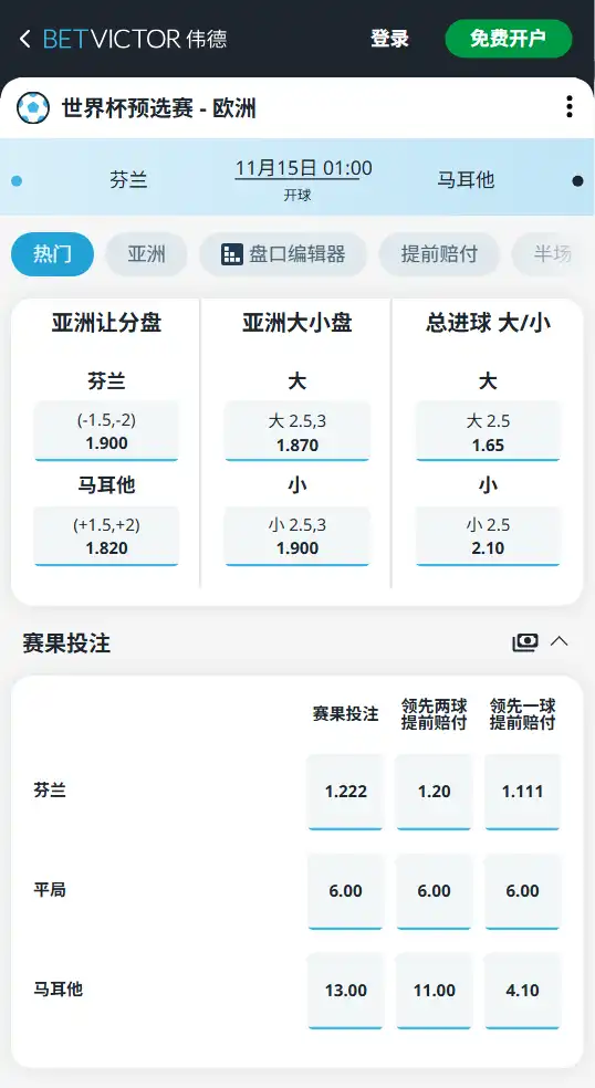 芬兰 vs 马耳他|世界杯欧洲区预选赛-博彩赔率和盘口信息由伟德(betvictor)提供