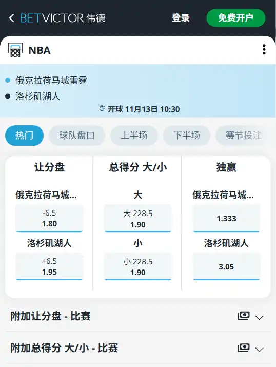 雷霆 - 湖人 NBA博彩赔率和盘口信息由伟德(betvictor)提供