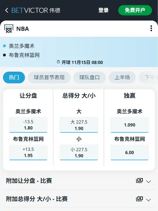 魔术 vs 篮网-博彩赔率和盘口信息由伟德(betvictor)提供