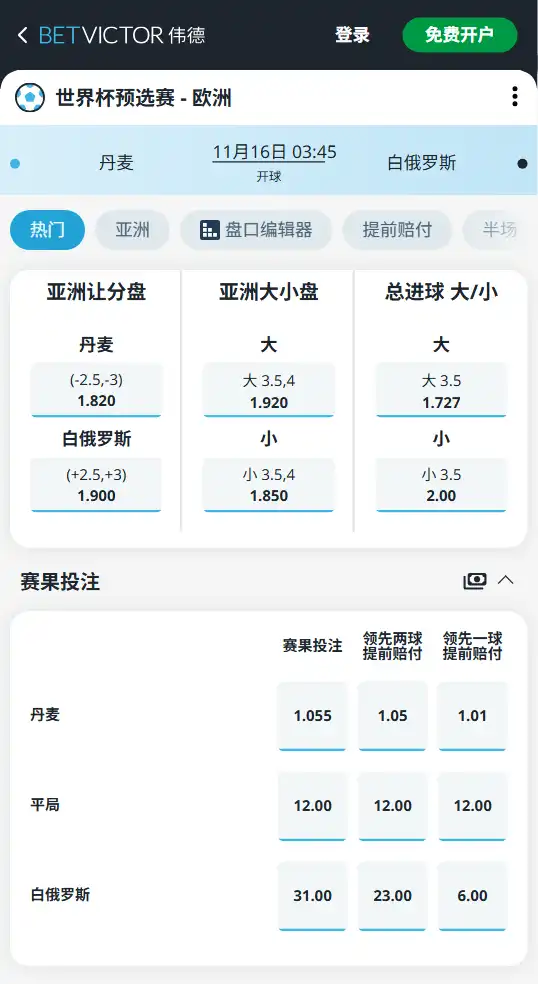 世预赛欧洲区|丹麦 vs 白俄罗斯-博彩赔率和盘口信息由伟德(betvictor)提供