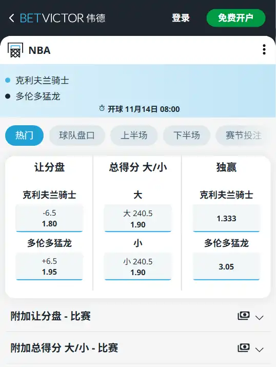 骑士 vs 猛龙 - NBA博彩赔率和盘口信息由伟德(betvictor)提供