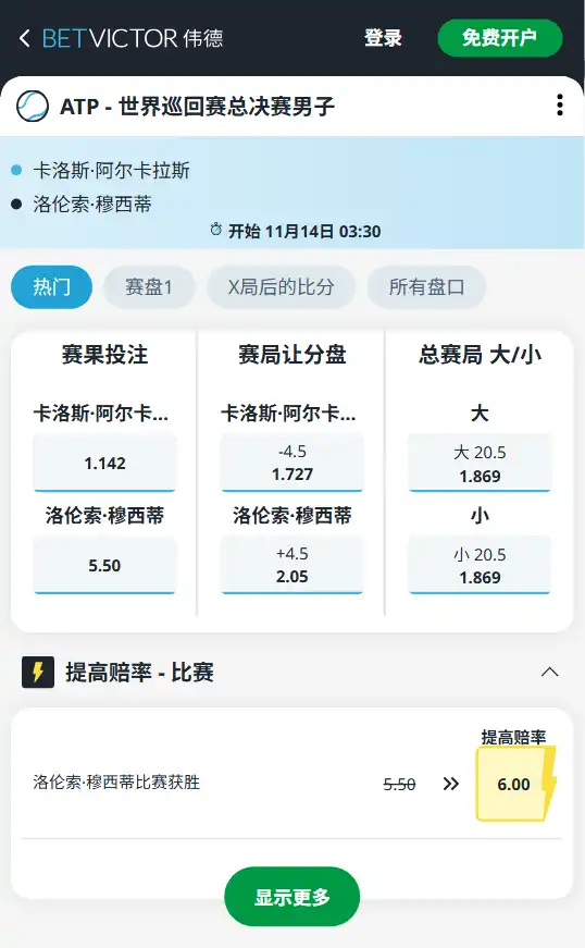 阿尔卡拉斯 vs 穆塞蒂｜ATP年终总决赛赔率盘口信息来自伟德(betvictor)