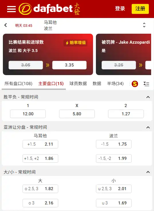世预赛欧洲区|马耳他 vs 波兰 -博彩赔率和盘口信息由Dafabet提供