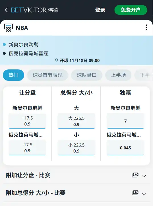 鹈鹕 vs 雷霆｜NBA常规赛博彩赔率和盘口信息由伟德(betvictor)提供
