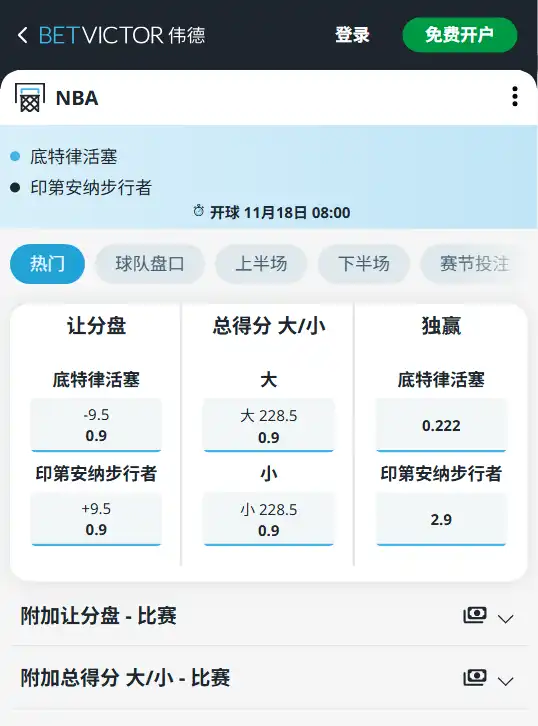 活塞 vs 步行者|NBA常规赛博彩赔率和盘口信息由伟德(betvictor)提供