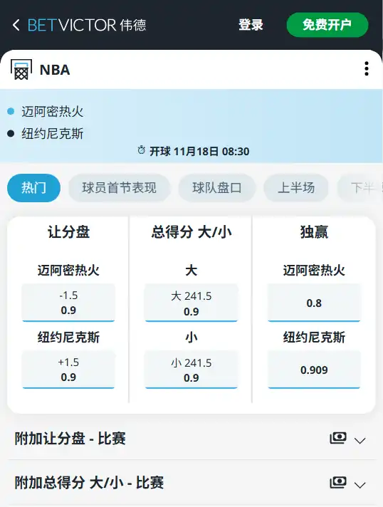 热火 vs 尼克斯|NBA常规赛博彩赔率和盘口信息由伟德(betvictor)提供