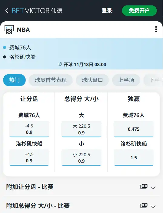 76人 vs 快船|NBA常规赛博彩赔率和盘口信息由伟德(betvictor)提供