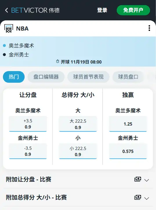魔术 vs 勇士|NBA博彩赔率和盘口信息由伟德(betvictor)提供