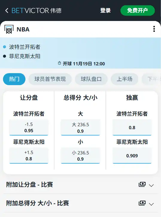 开拓者 vs 太阳|NBA博彩赔率和盘口信息由伟德(betvictor)提供