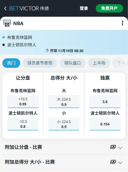 篮网 vs 凯尔特人|NBA博彩赔率和盘口信息由伟德(betvictor)提供