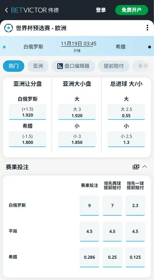 世预赛欧洲区|白俄罗斯 vs 希腊 -博彩赔率和盘口信息由伟德(betvictor)提供