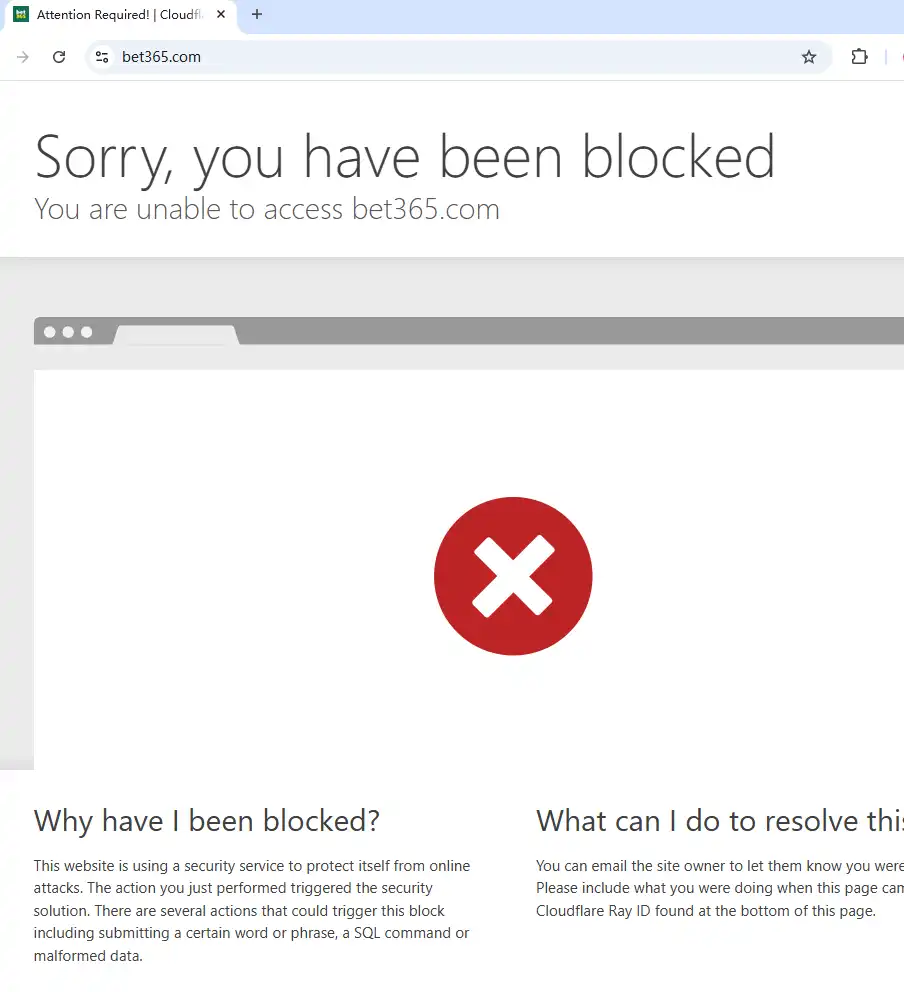 Cloudflare故障导致bet365无法访问的提示信息