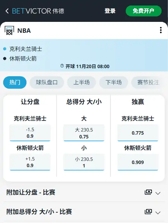 骑士vs火箭|NBA博彩赔率和盘口信息由伟德(betvictor)提供