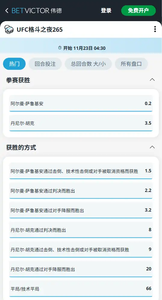UFC格斗之夜265主赛-博彩赔率和盘口信息由伟德(betvictor)提供