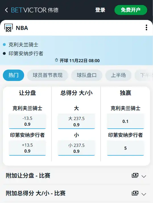 骑士vs步行者-NBA博彩赔率和盘口信息由伟德(betvictor)提供