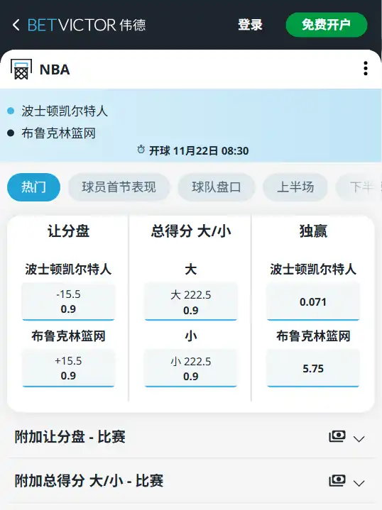 凯尔特人vs篮网-NBA博彩赔率和盘口信息由伟德(betvictor)提供