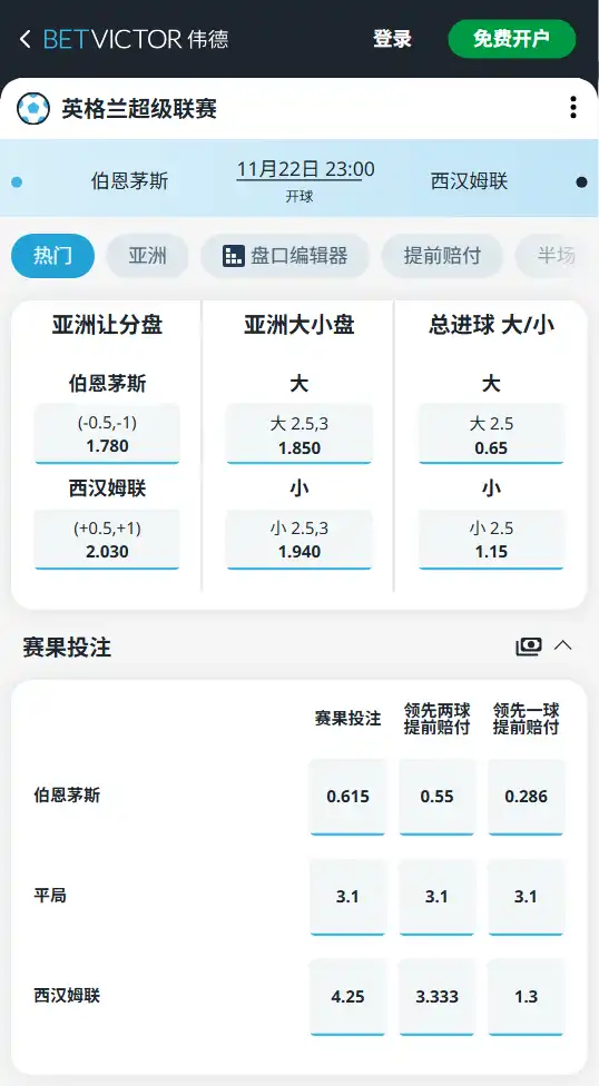 伯恩茅斯vs西汉姆联-英超博彩赔率和盘口信息由伟德(betvictor)提供