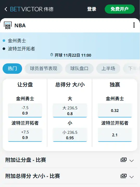 勇士vs开拓者-NBA博彩赔率和盘口信息由伟德(betvictor)提供