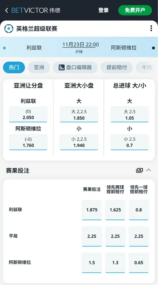 利兹联vs阿斯顿维拉-英超博彩赔率和盘口信息由伟德(betvictor)提供