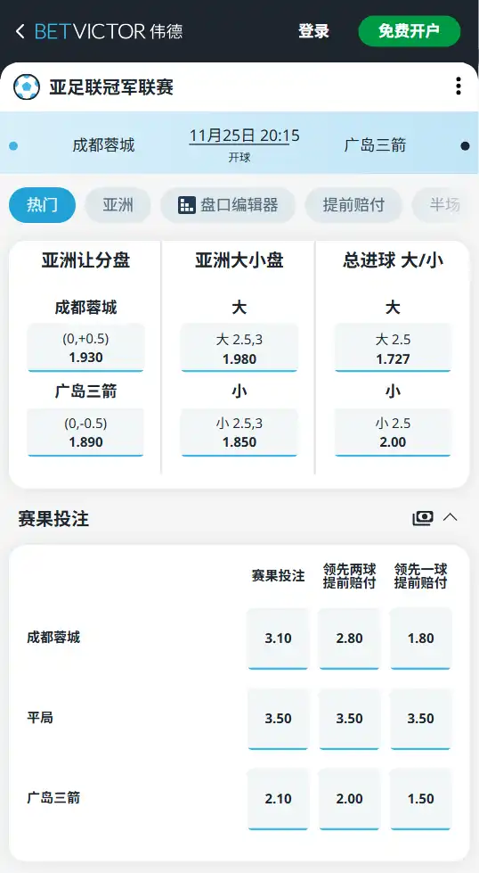 亚冠前瞻:成都蓉城vs广岛三箭,博彩赔率和盘口信息由伟德(betvictor)提供