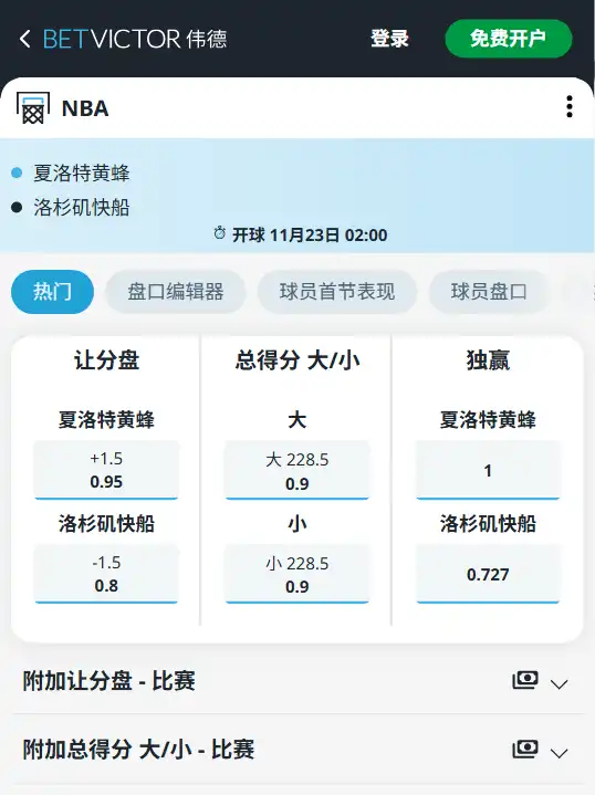 黄蜂vs快船-NBA博彩赔率和盘口信息由伟德(betvictor)提供