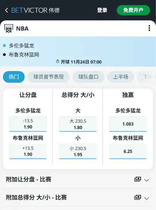 猛龙迎战布鲁克林篮网-NBA博彩赔率和盘口信息由伟德(betvictor)提供