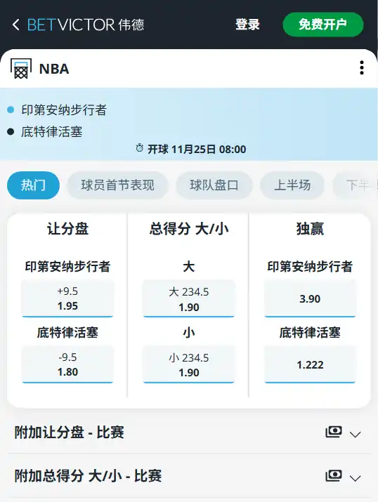 步行者vs活塞 - NBA预测 - 博彩赔率和盘口信息由伟德(betvictor)提供