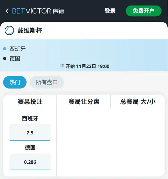 西班牙vs德国-戴维斯杯博彩赔率和盘口信息由伟德(betvictor)提供
