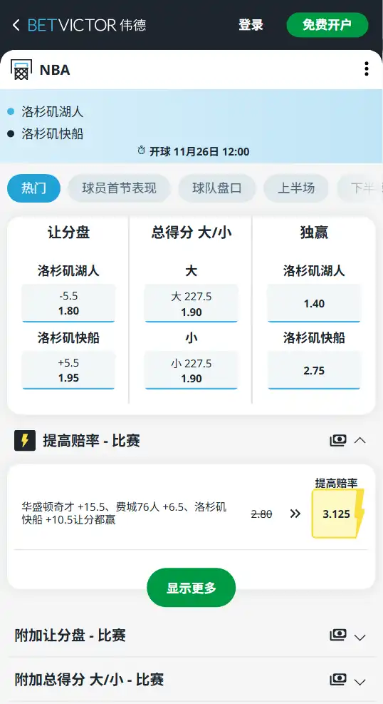 湖人vs快船-NBA赔率和盘口信息由伟德(betvictor)提供