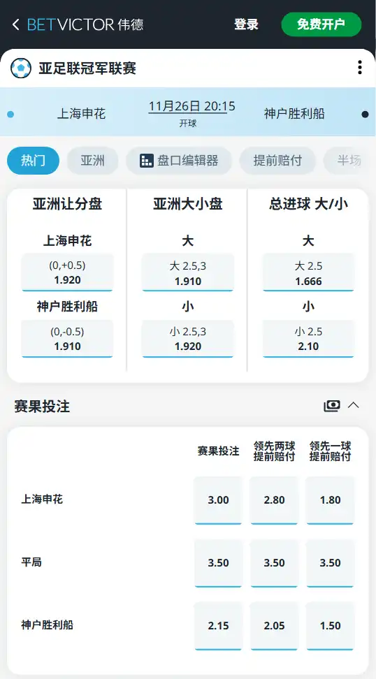 神户胜利船-亚冠博彩赔率和盘口信息由伟德(betvictor)提供