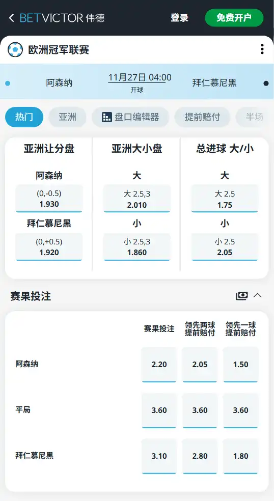 阿森纳vs拜仁慕尼黑-欧冠博彩赔率和盘口信息由伟德(betvictor)提供