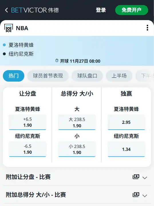 黄蜂vs尼克斯-NBA博彩赔率和盘口信息由伟德(betvictor)提供