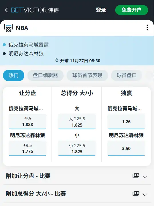 雷霆vs森林狼-NBA博彩赔率和盘口信息由伟德(betvictor)提供