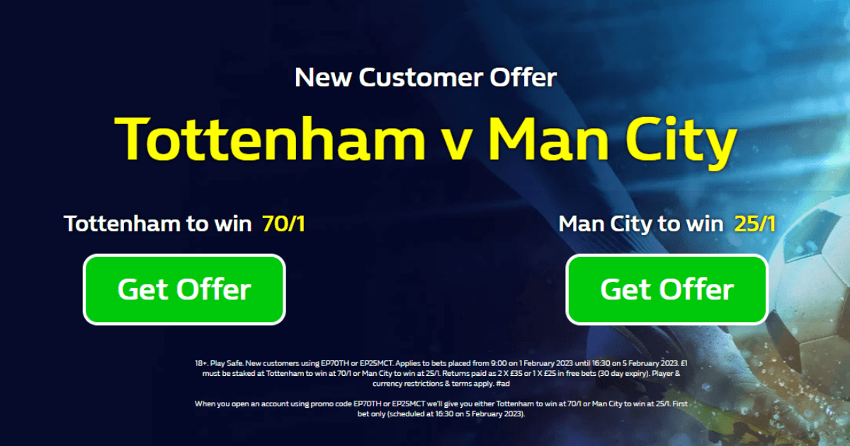 托特纳姆对曼城的赔率：支持托特纳姆70/1或曼城25/1与威廉希尔合作