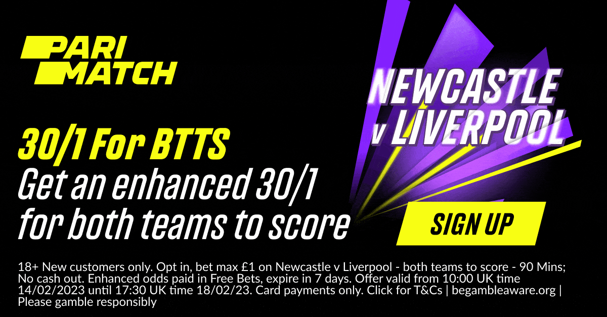 纽卡斯尔对利物浦的投注,在帕里马奇获得30/1的赔率提升，两队都能得分