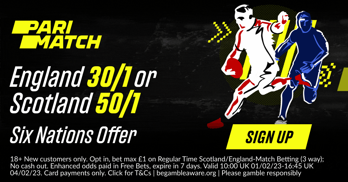 六国赛投注赔率：本周末以30/1的赔率支持英格兰，或以50/1的赔率支持苏格兰，由帕里马奇负责