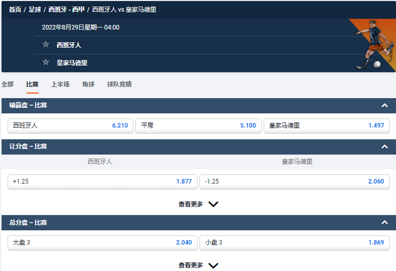 西班牙人 vs 皇家马德里的盘口和赔率,平博体育pinnacle