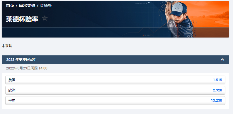 高尔夫莱德杯的盘口和赔率,来自于平博体育pinnacle