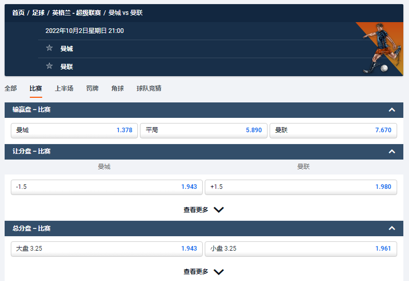 曼切斯特德比的盘口和赔率,平博pinnacle