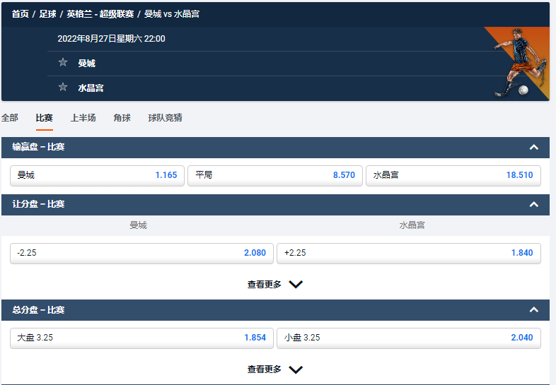 曼城 vs 水晶宫 的盘口和赔率