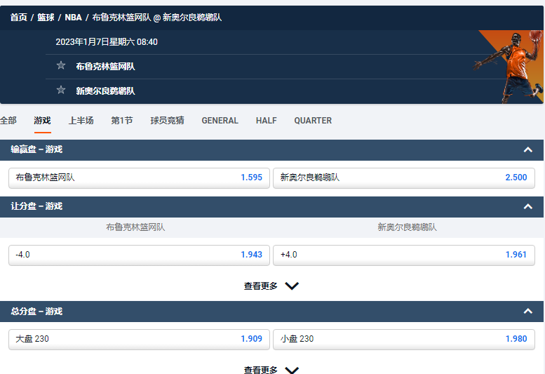 布鲁克林篮网队 @ 新奥尔良鹈鹕队，这是平博(pinnacle)的赔率和盘口数据