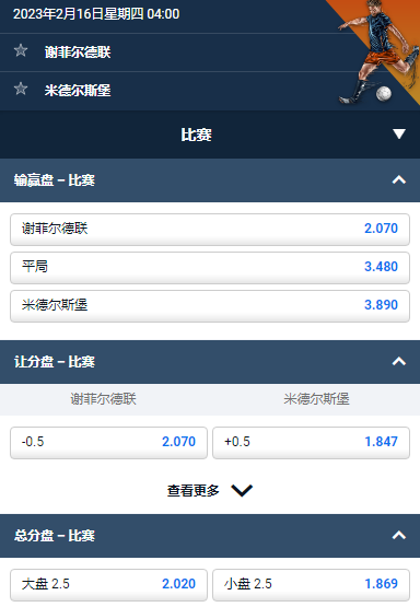 英冠,谢菲尔德联 v 米德尔斯堡,平博的赔率和盘口