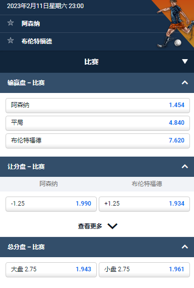 阿森纳 VS 布伦特福德，英超的赔率和盘口，平博pinnacle的数据
