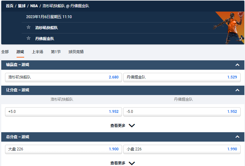 洛杉矶快船队 VS 丹佛掘金队，平博给出的盘口和赔率