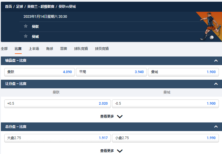 英格兰 - 超级联赛，曼联vs曼城，平博的赔率和盘口数据