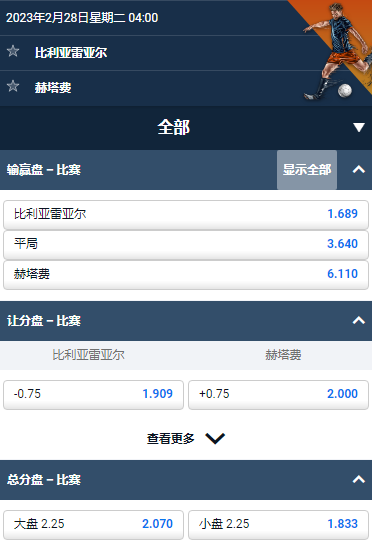 平博,比利亚雷亚尔 - 赫塔费,赔率和盘口