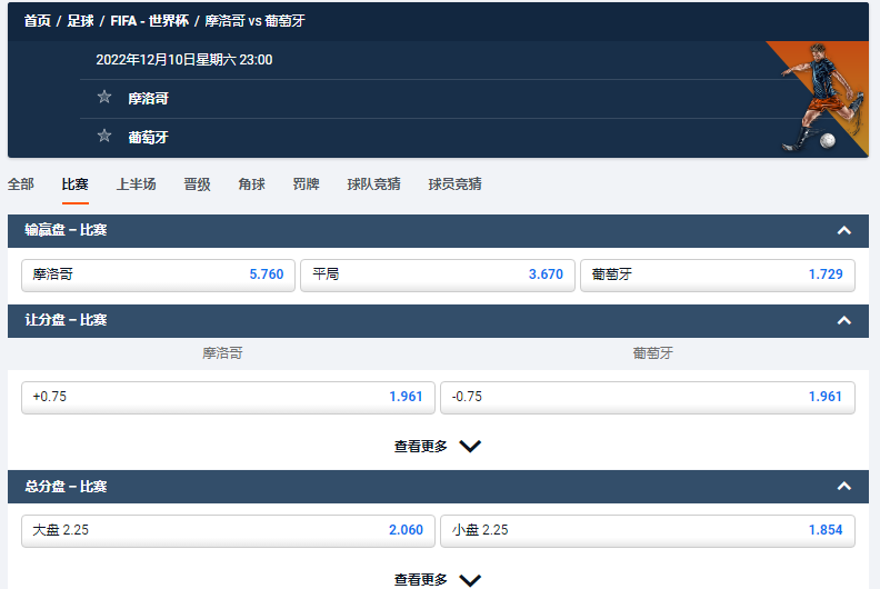 摩洛哥 vs 葡萄牙，平博给出的初盘赔率和盘口数据