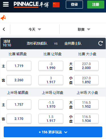 NBA，洛杉矶快船VS金州勇士，平博赔率和盘口